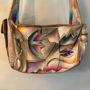 Hand painted leather handbag cross body Southwestern Tan  Boho.